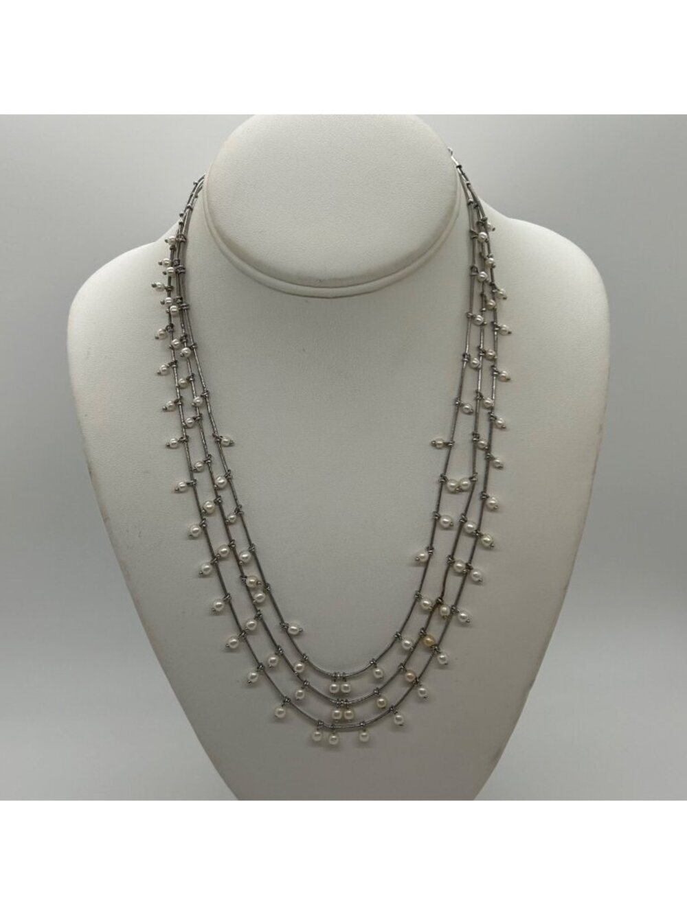 Ann Klein II Silvertone Faux Pearl Multi-Strand Necklace Vintage Style
